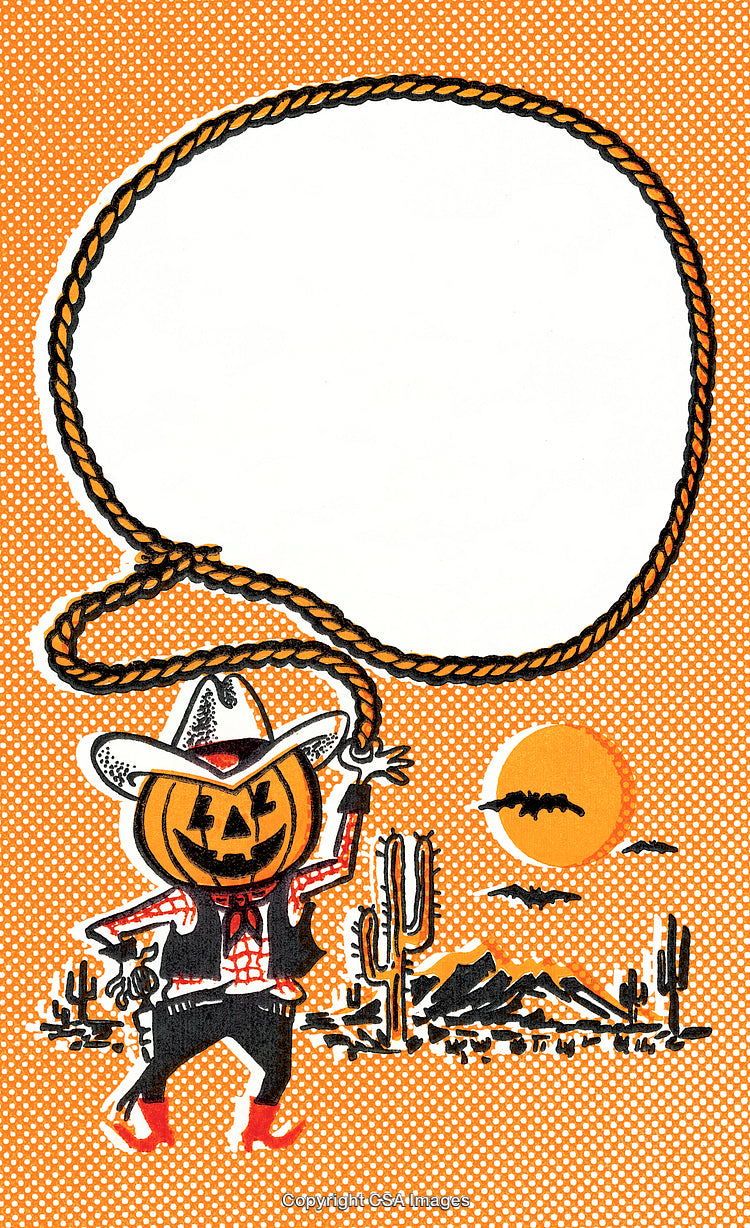 Halloween Cowboy Illustration Featuring Pumpkin Head and Festive Western Theme