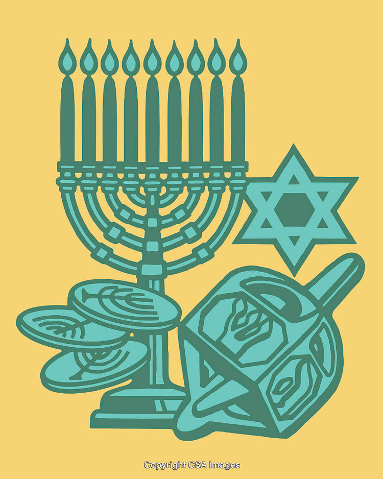 Colorful Illustration of Hanukkah Symbols with Menorah and Dreidel