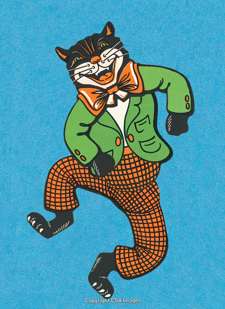 Illustration of a Cat in a Green Suit and Orange Checkered Pants Dancing