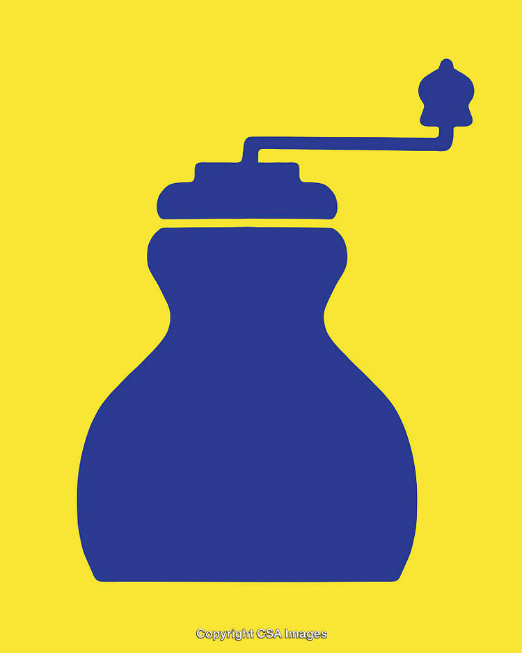 Blue Vintage Coffee Grinder Silhouette on Yellow Background Illustration