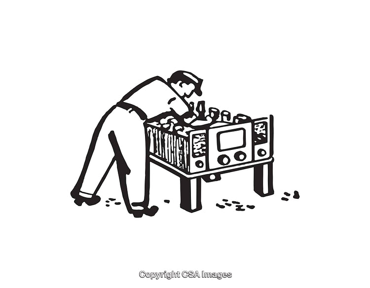 Vintage Black and White Line Art of Technician Operating Equipment