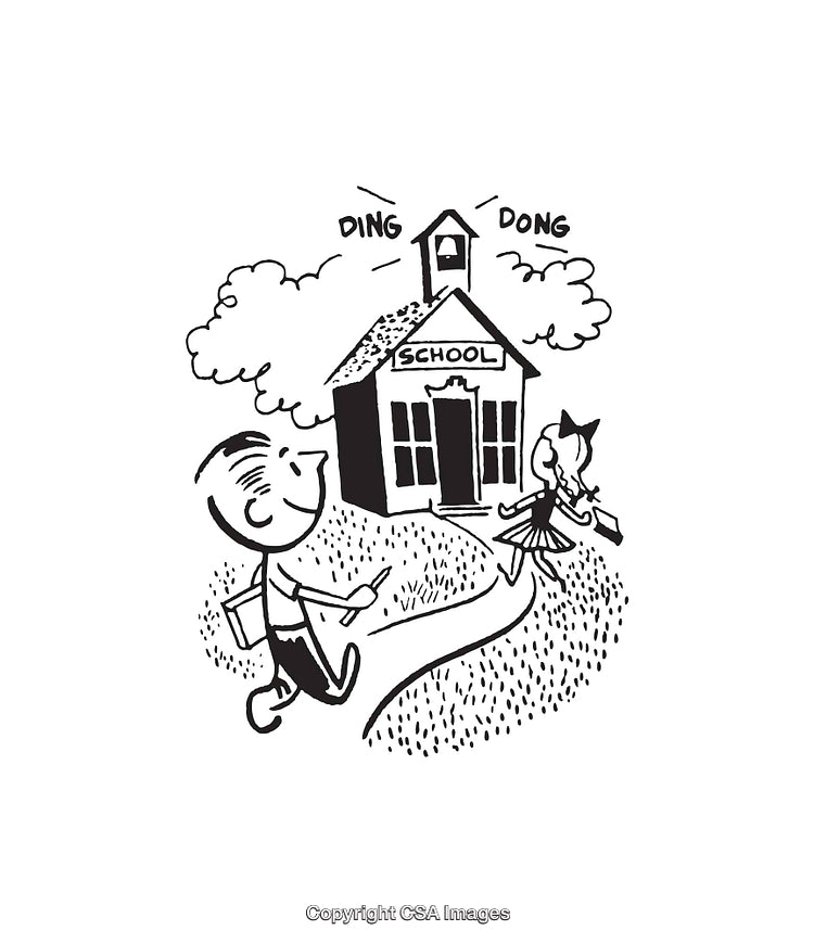 Retro Black and White School Illustration with Children Walking