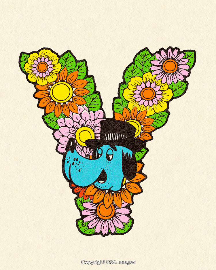 Floral Letter Y Design with Cute Cartoon Dog and Vibrant Flowers