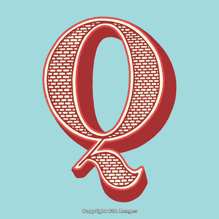 Decorative Letter Q with Retro Aesthetic on Light Blue Background