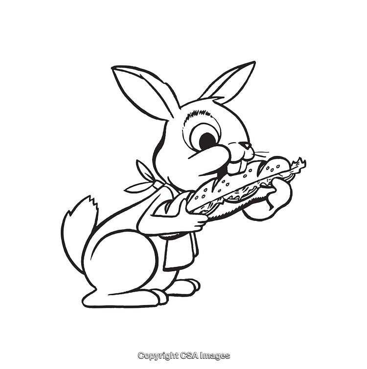 Cute Rabbit Eating a Sandwich Black and White Line Art Illustration