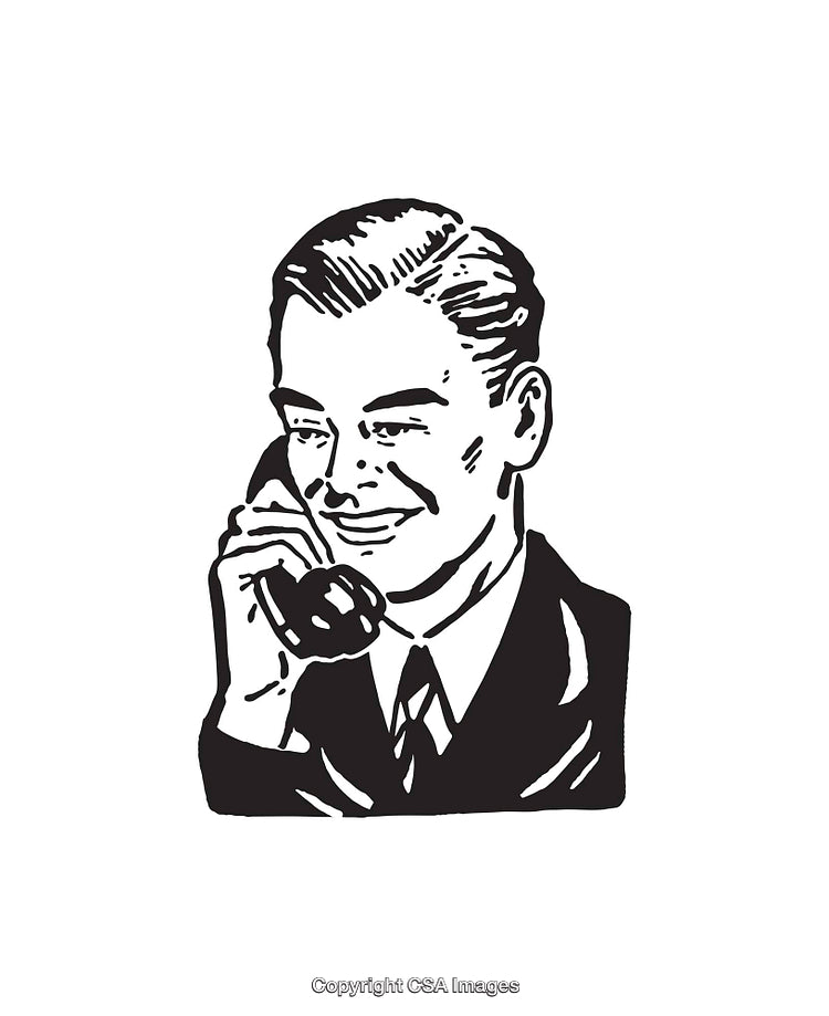 Retro Black-and-White Illustration of a Man Using a Rotary Phone