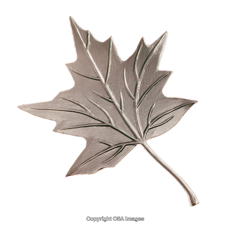 Silver Maple Leaf Figurine with Intricate Details on White Background