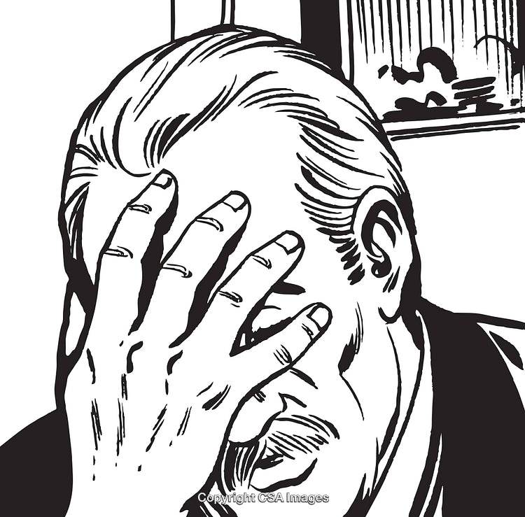 Black and White Illustration Depicting Man With Face in Hand, Expressing Stress