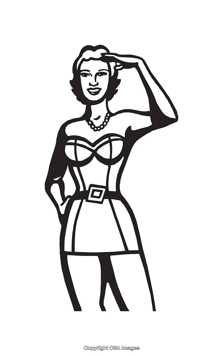 Stylized Black and White Retro Line Art Illustration of a Woman