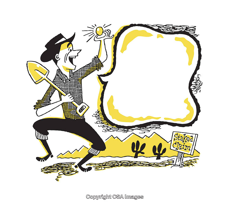Gold Prospector Cartoon with Shovel and Claim Sign