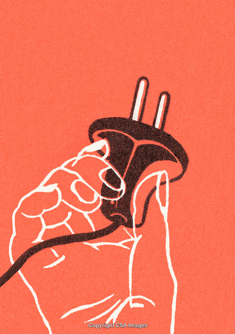 Minimalist Illustration of a Hand Holding a Power Plug on Red Background