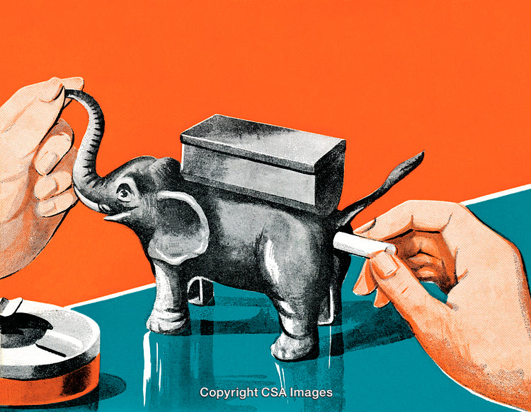 Vintage Illustration of a Mechanical Elephant with Surreal Conceptual Elements