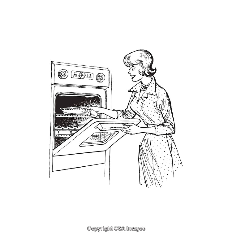 Vintage Line Art of a Woman Baking in a Retro Kitchen