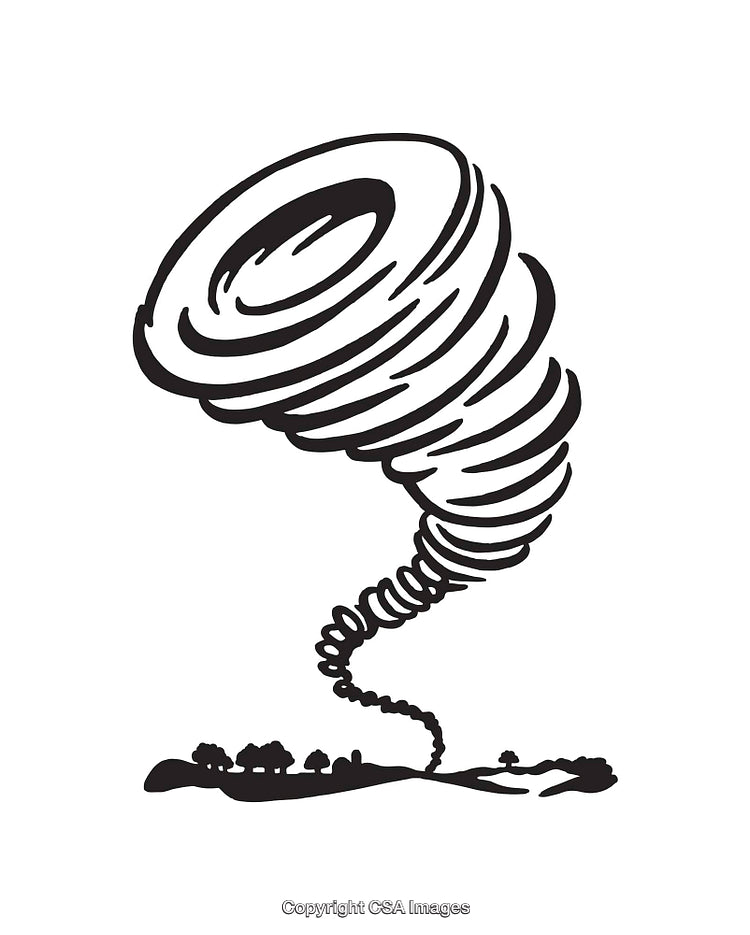 Black and White Illustration of a Whirling Tornado Over a Landscape