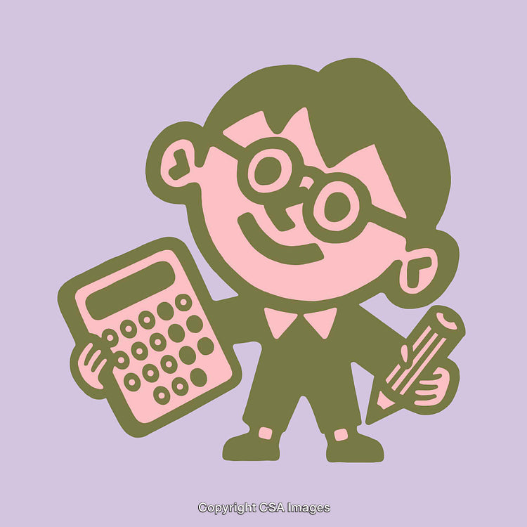 Cartoon Illustration of a Happy Businessman with Calculator and Pencil