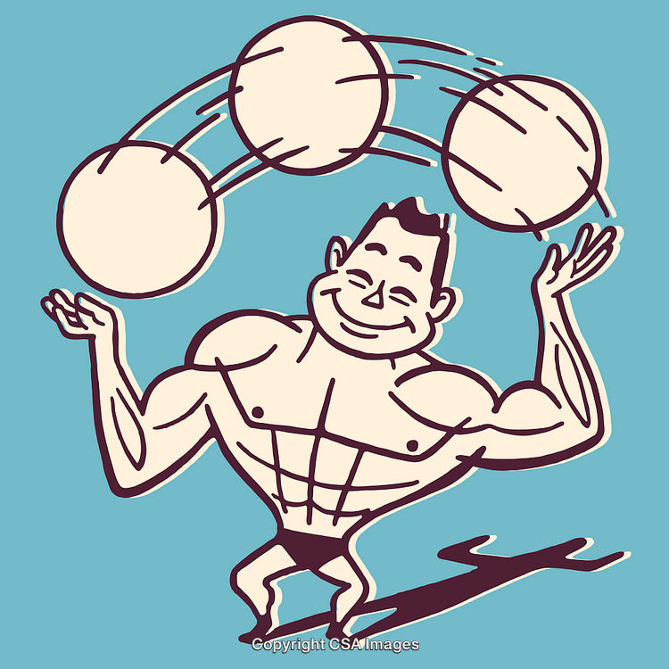 Illustration of a Muscular Cartoon Figure Juggling Spheres in Mid-Air Movement
