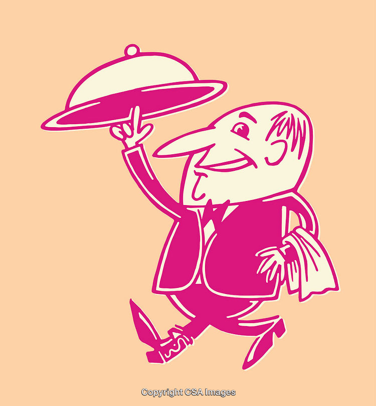 Playful Cartoon Styled Waiter With Tray in Hand