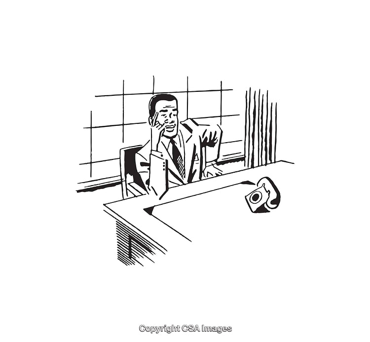 Businessman Pondering at Desk with Vintage Telephone in Black and White