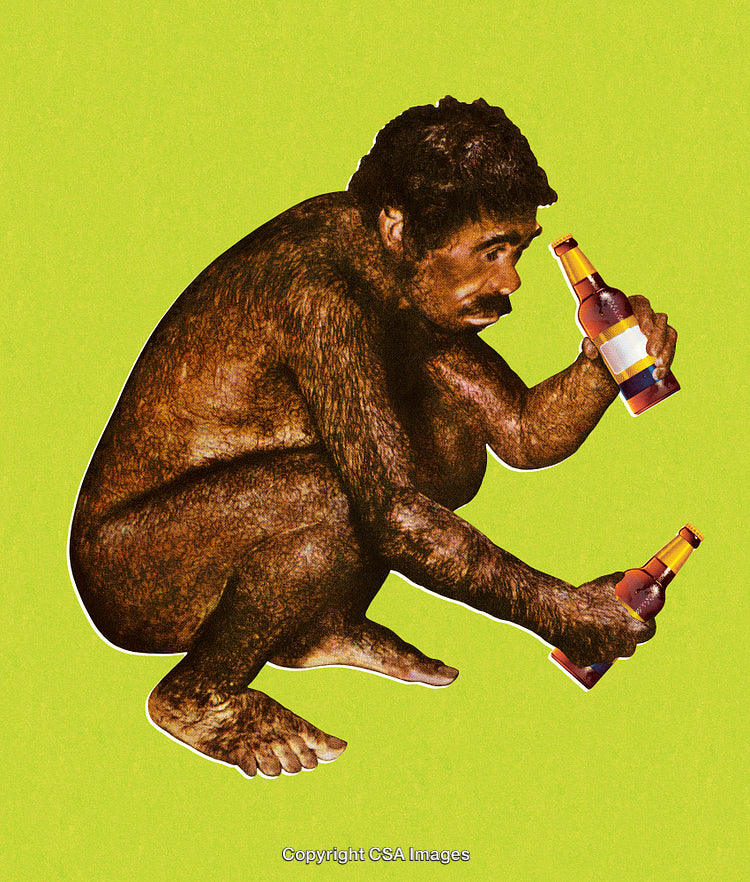 Humorous Stylized Scene of Primal Man Holding Bottles on a Bright Green Background
