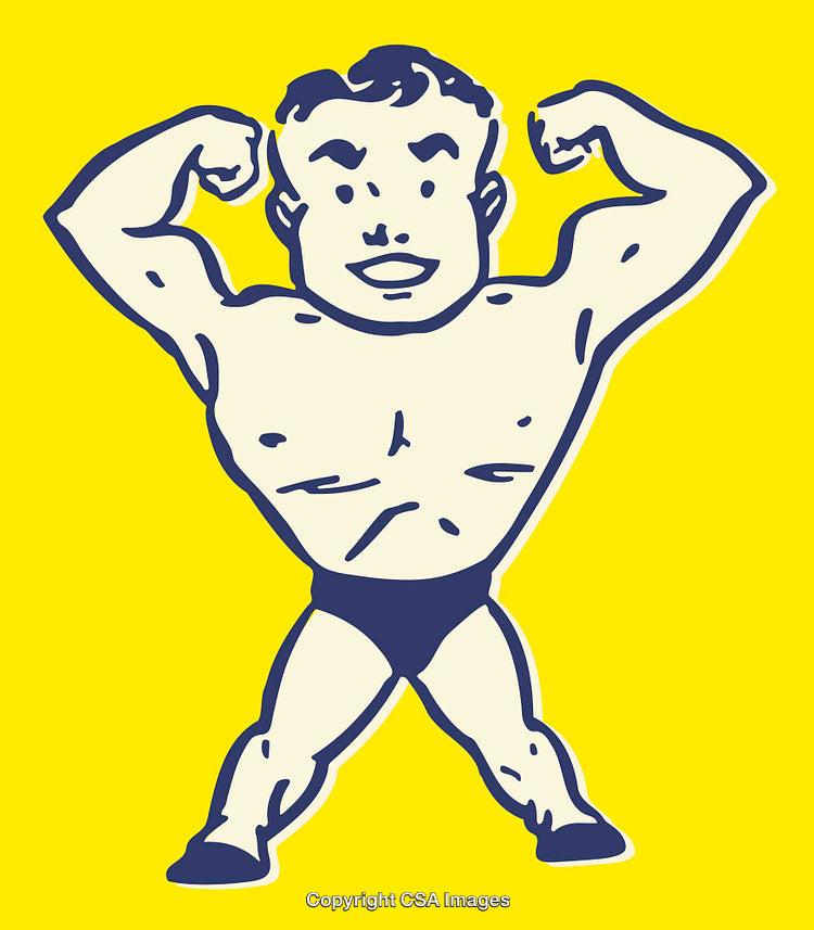 Color Illustration of a Flexing Strongman in Bold Style on Yellow Background