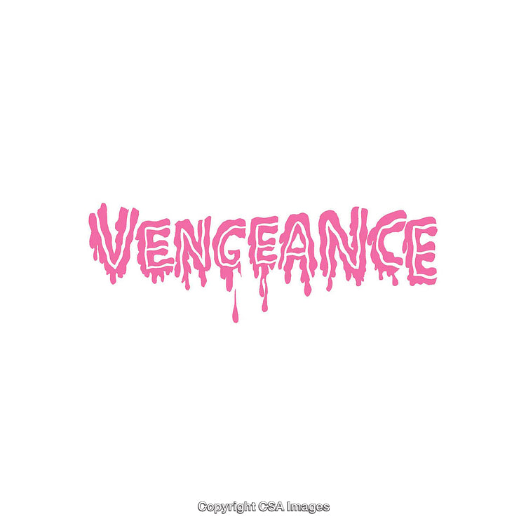 Pink Dripping Text Design Depicting the Word 'Vengeance' on White Background