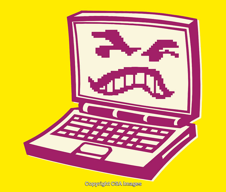 Retro Computer Illustration with Pixel Art Angry Expression on Yellow Background