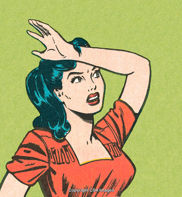 Vintage Comic Illustration of Woman in Dramatic Expression on Green Background