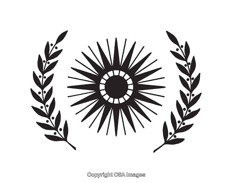 Black and White Line Art Illustration of a Sun with Laurel Leaves