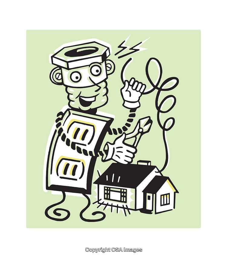 Whimsical Illustration of a Robot Electrician Maintaining a House Connection