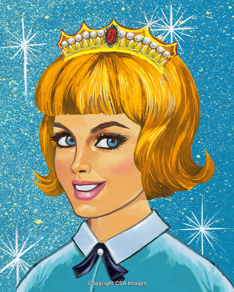 Illustration of a Smiling Woman Wearing a Crown on a Sparkling Blue Background