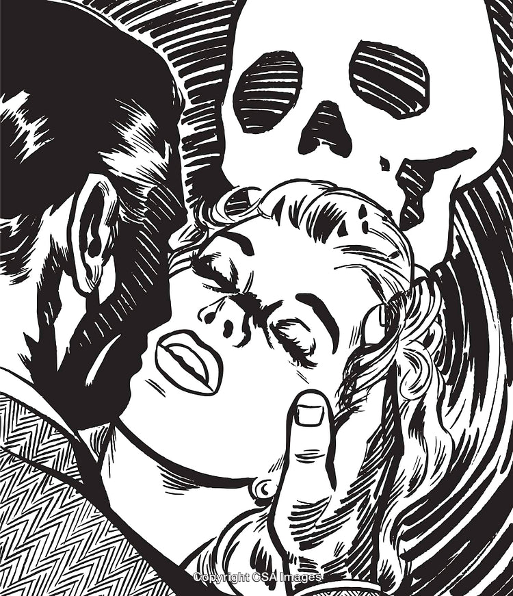 Dramatic Black and White Illustration of Romantic Encounter With Mystery and Symbolism