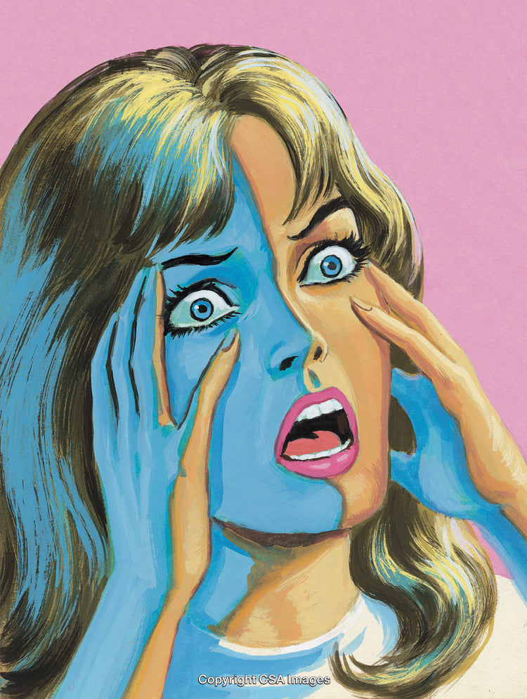 Colorful Pop Art Illustration of a Shocked Woman Holding Her Face
