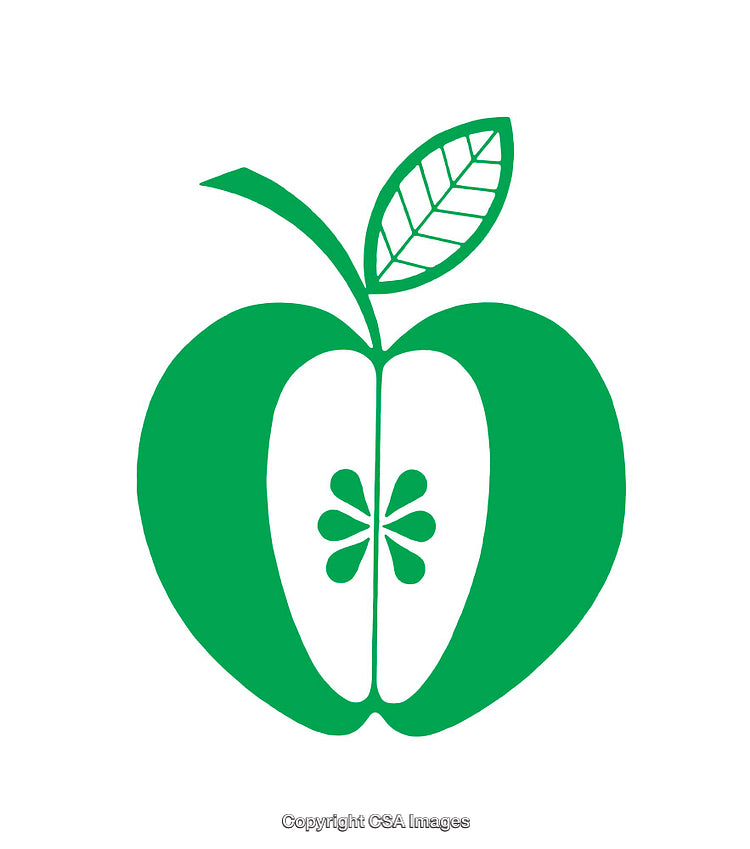 Green Apple Icon Showing Half Cut with Seeds and Leaf Illustration