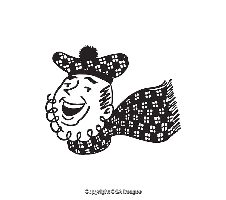 Black and White Illustration of a Happy Character in Plaid Attire