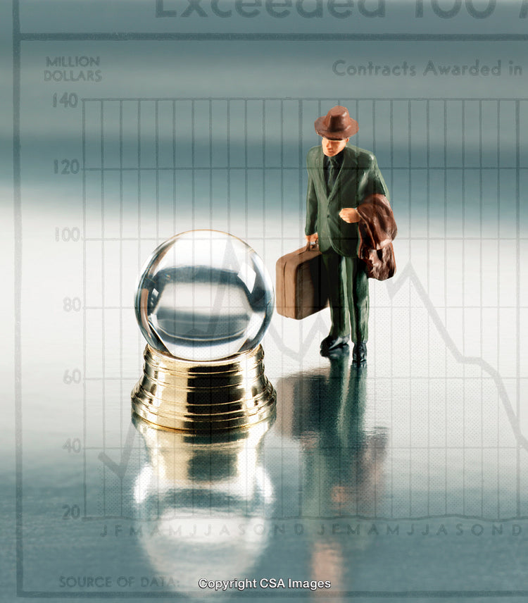 Miniature Businessman With Crystal Ball and Financial Data Chart Background