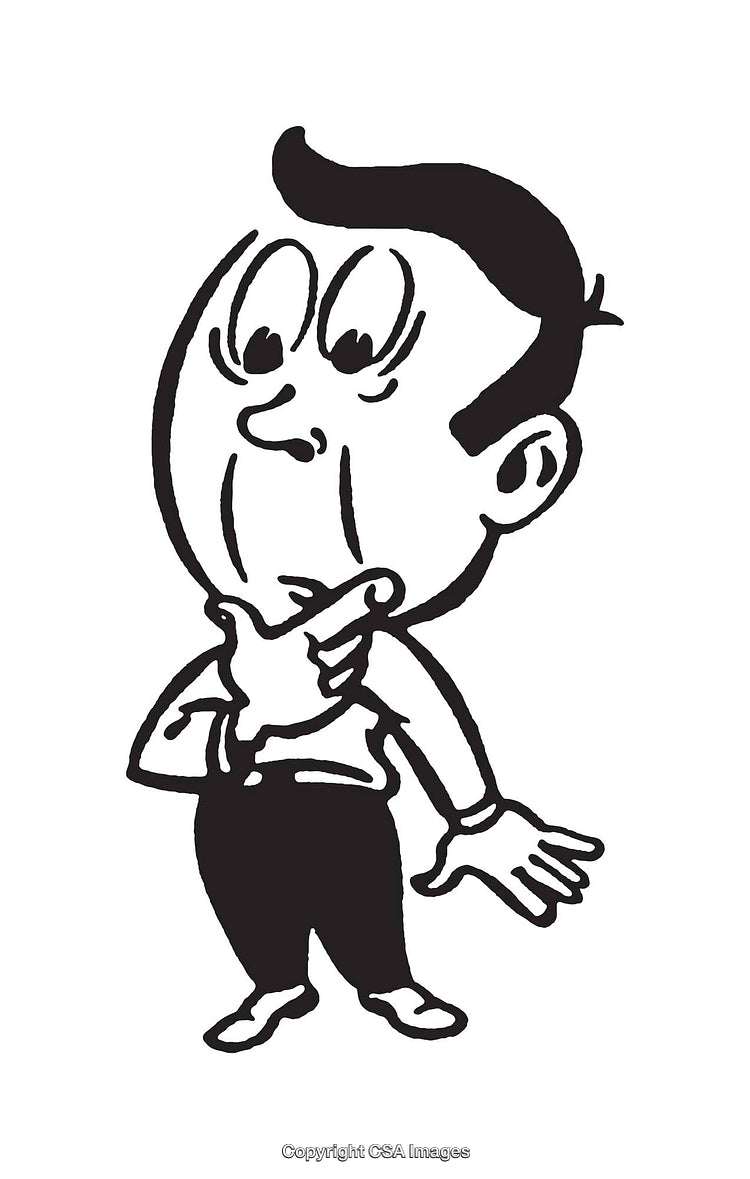Black And White Cartoon Drawing of Pondering Character