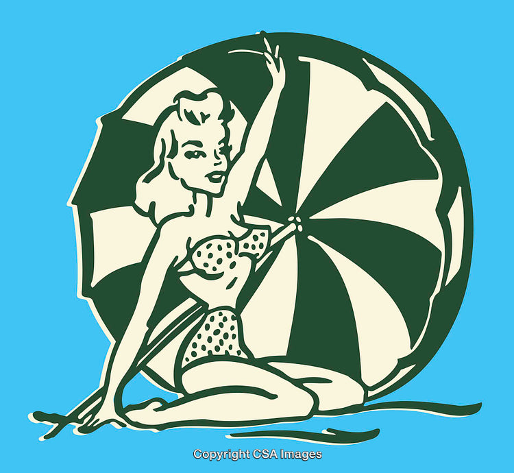 Retro Beach Girl Illustration with Umbrella in Vintage Color Style