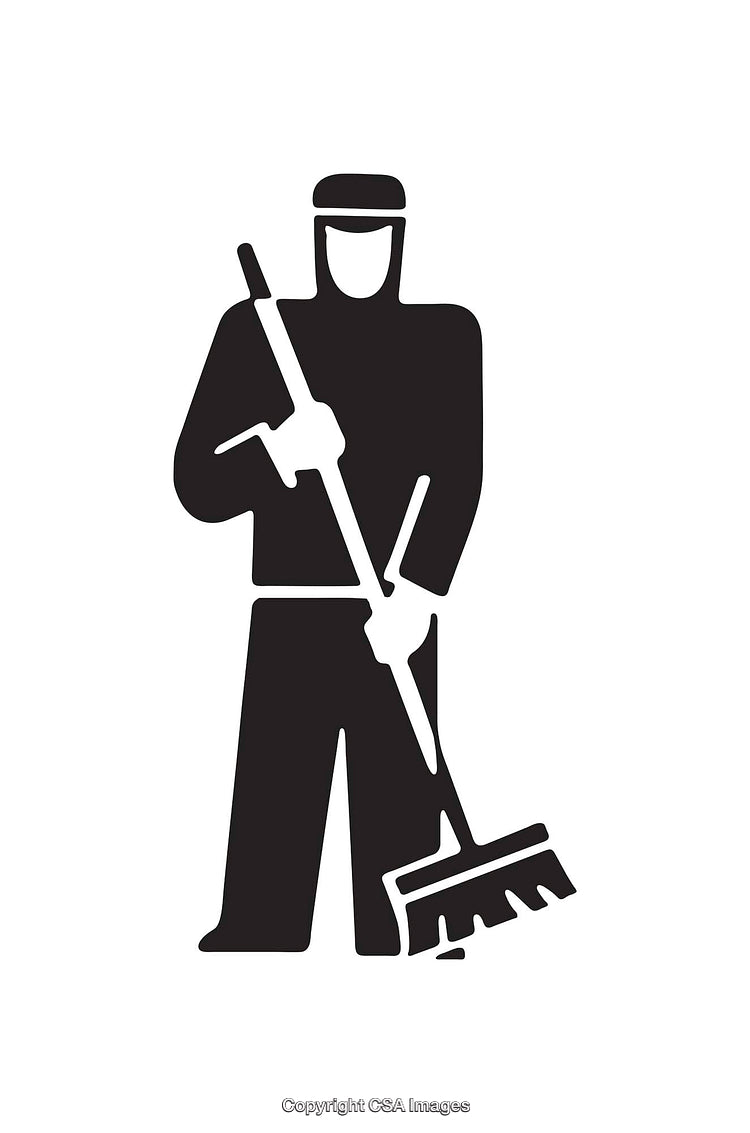 Black And White Icon Of Person Sweeping With Broom Illustration
