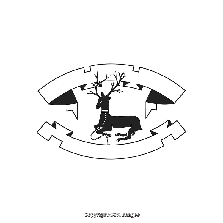 Black and White Decorative Emblem Featuring Silhouetted Deer and Ribbons