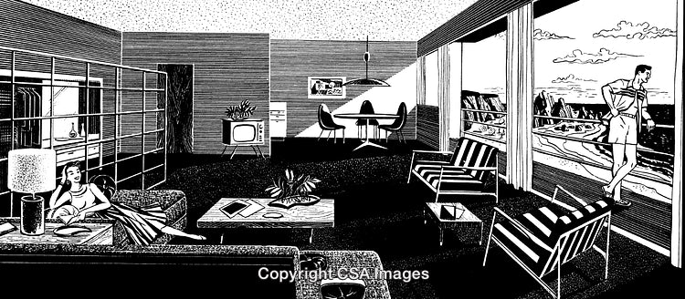 Elegant Black and White Engraving of Mid-Century Living Room Scene