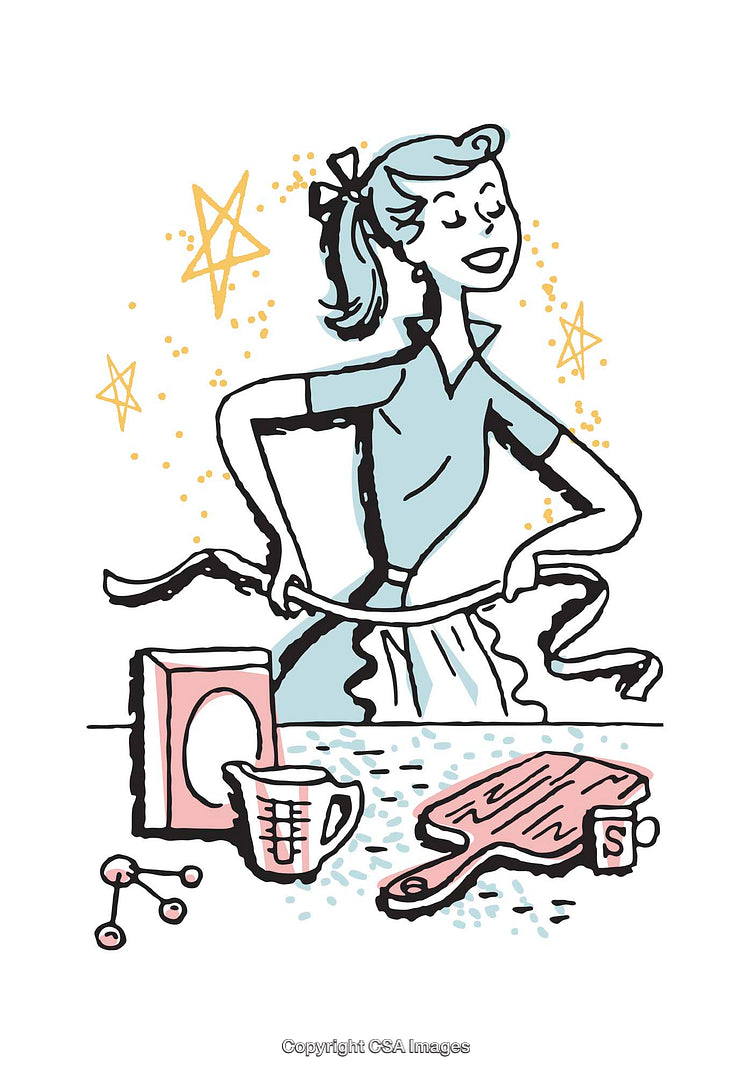 Vintage Inspired Illustration of a Happy Homemaker at a Kitchen Counter