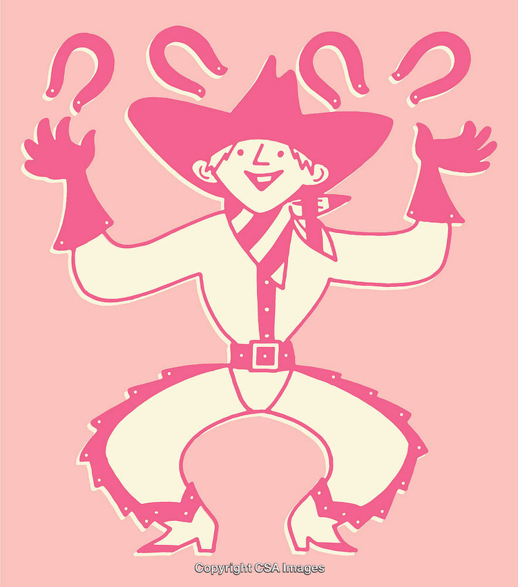 Playful Western Character Illustration With Horseshoes and Unique Cowgirl Outfit