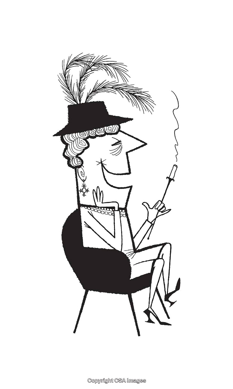 Elegant Woman in Feathered Hat and Smoking Silhouetted in Retro Line Art