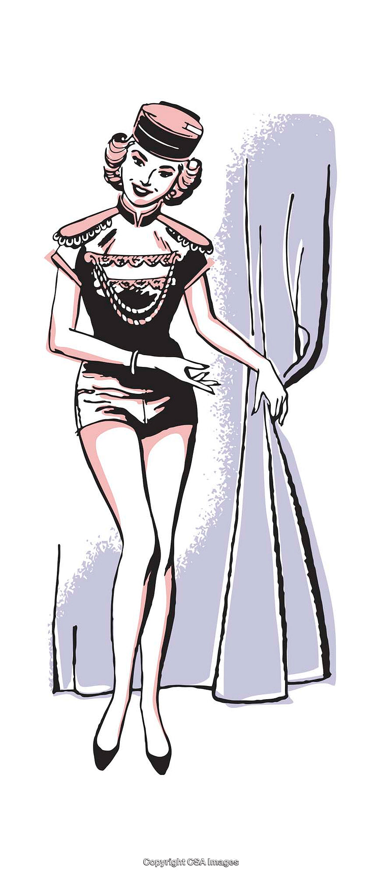 Retro Style Illustration of a Woman in Vintage Costume with Curtain
