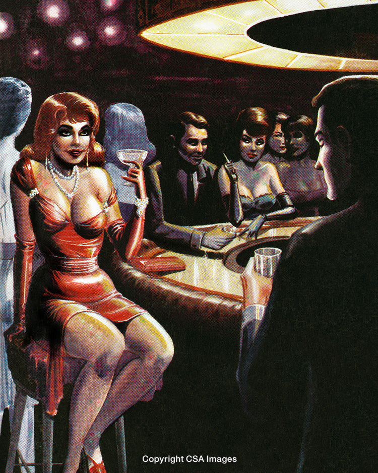 Elegant Social Gathering in a Vintage Bar Setting with Retro Style