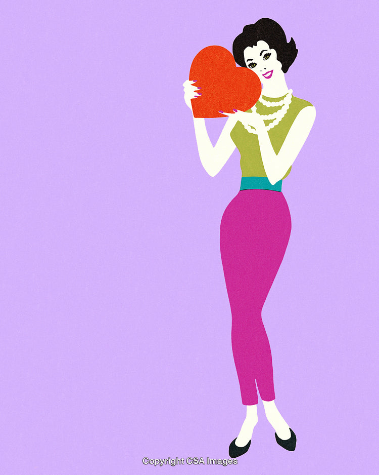 Retro Illustration of Woman Holding Heart on Purple Background