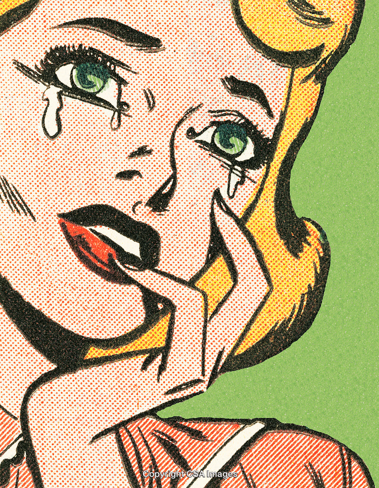 Vintage Comic-Style Illustration of Emotional Woman Crying With Green Background