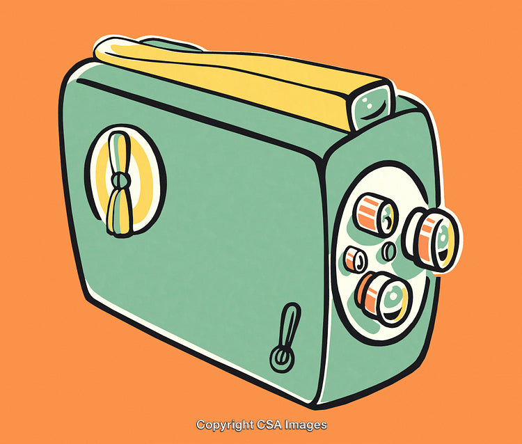Retro Styled Green Film Camera Illustration on Vibrant Orange Background