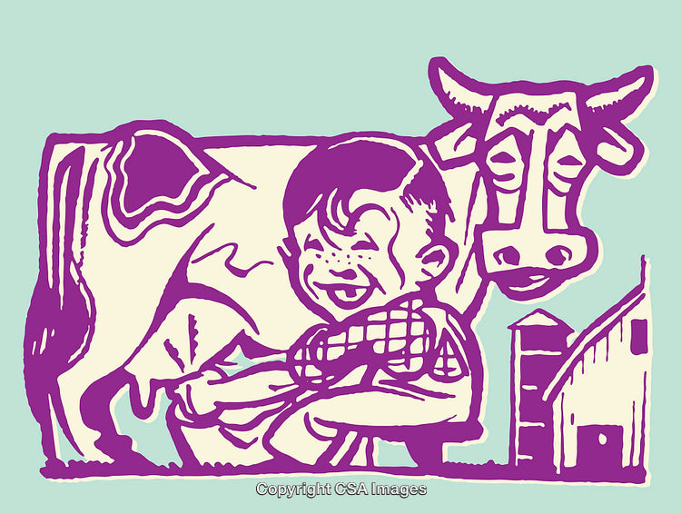 Colorful Illustration of a Happy Farmer Milking a Cow on a Farm