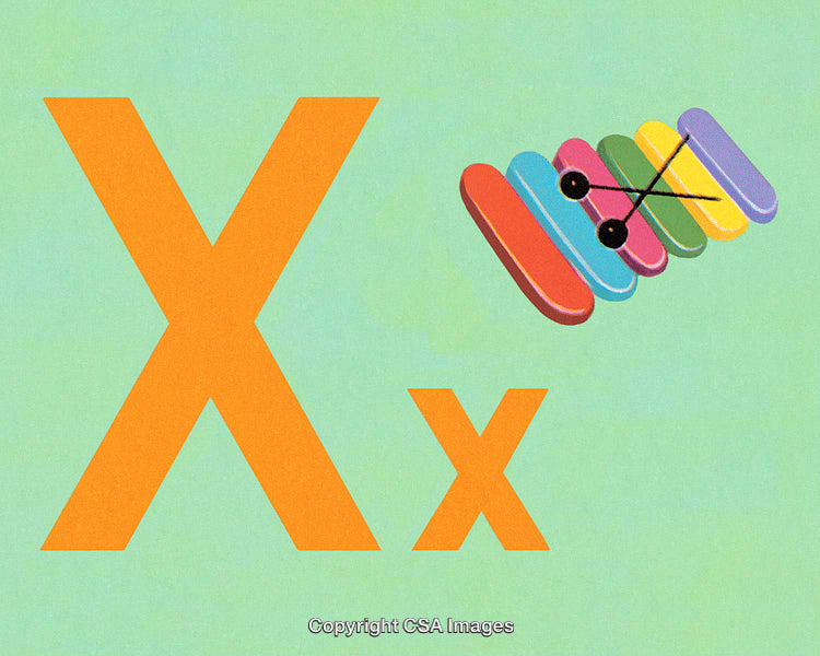 Colorful Children's Xylophone and Bold Letter X Design on Green Background